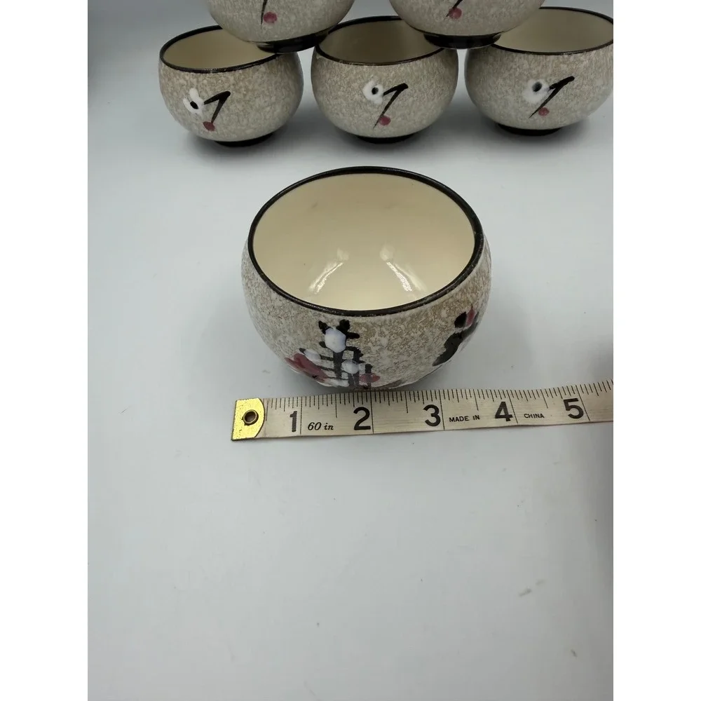 Set of 6 Hand Painted Ceramic Tea Cups Oatmeal Speckled Floral Asian Teaware